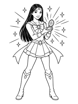 A magical anime heroine holding a radiant star mirror on this glitter coloring page.