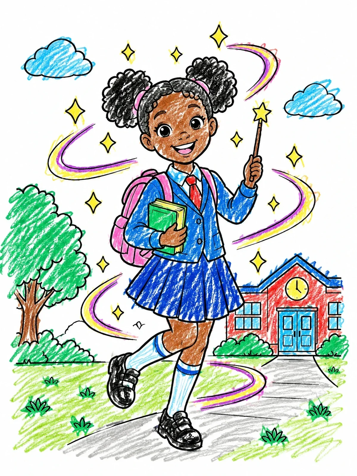 Colored example of the Magical Schoolgirl With Sparkling Wand coloring page