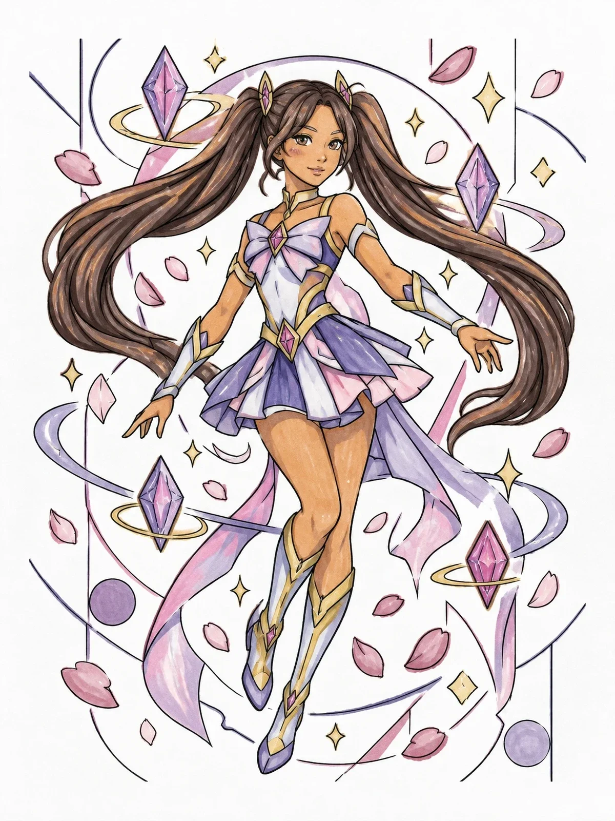 Colored example of the Magical Warrior With Floating Crystals coloring page