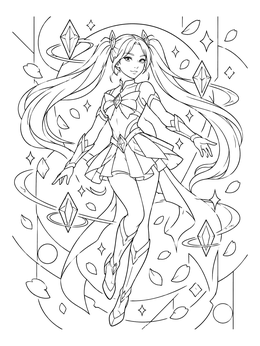An anime magical girl with twintails surrounded by crystals on this glitter coloring page.