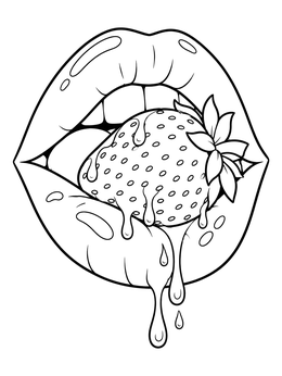 A sweet lips coloring page showing glossy lips biting into a dripping fresh strawberry.