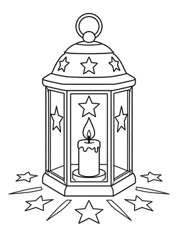 A ramadan coloring page showing a candle glowing inside a star-patterned lantern.