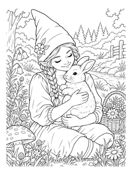 A sweet gnome coloring page of a girl gnome gently holding a fluffy bunny in a blooming meadow.