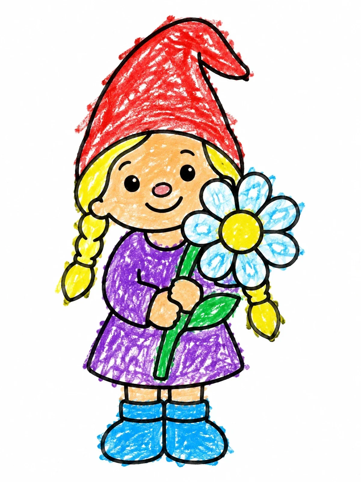 Colored example of the Little Gnome Girl With Daisy Flower coloring page