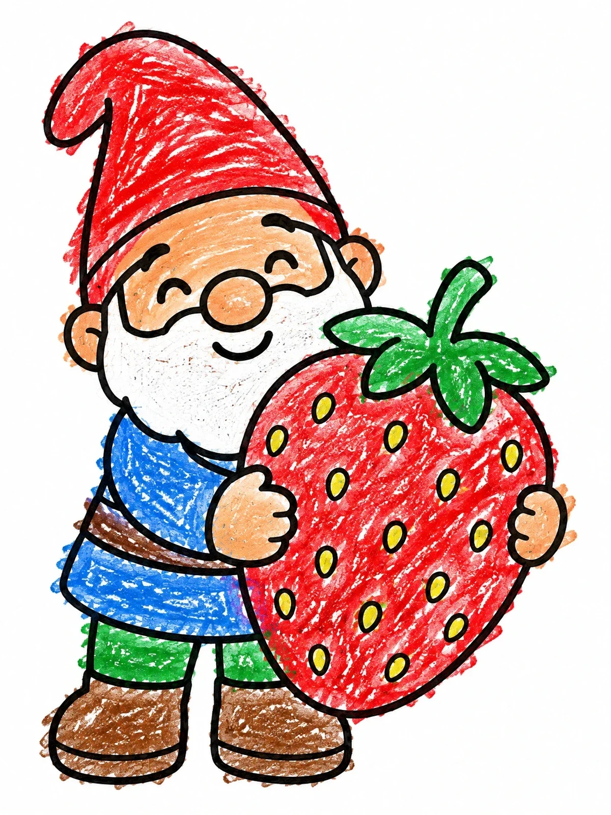 Colored example of the Cute Gnome Holding Giant Strawberry coloring page