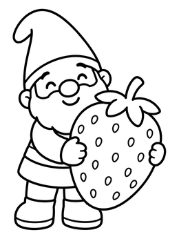 Free printable Cute Gnome Holding Giant Strawberry coloring page