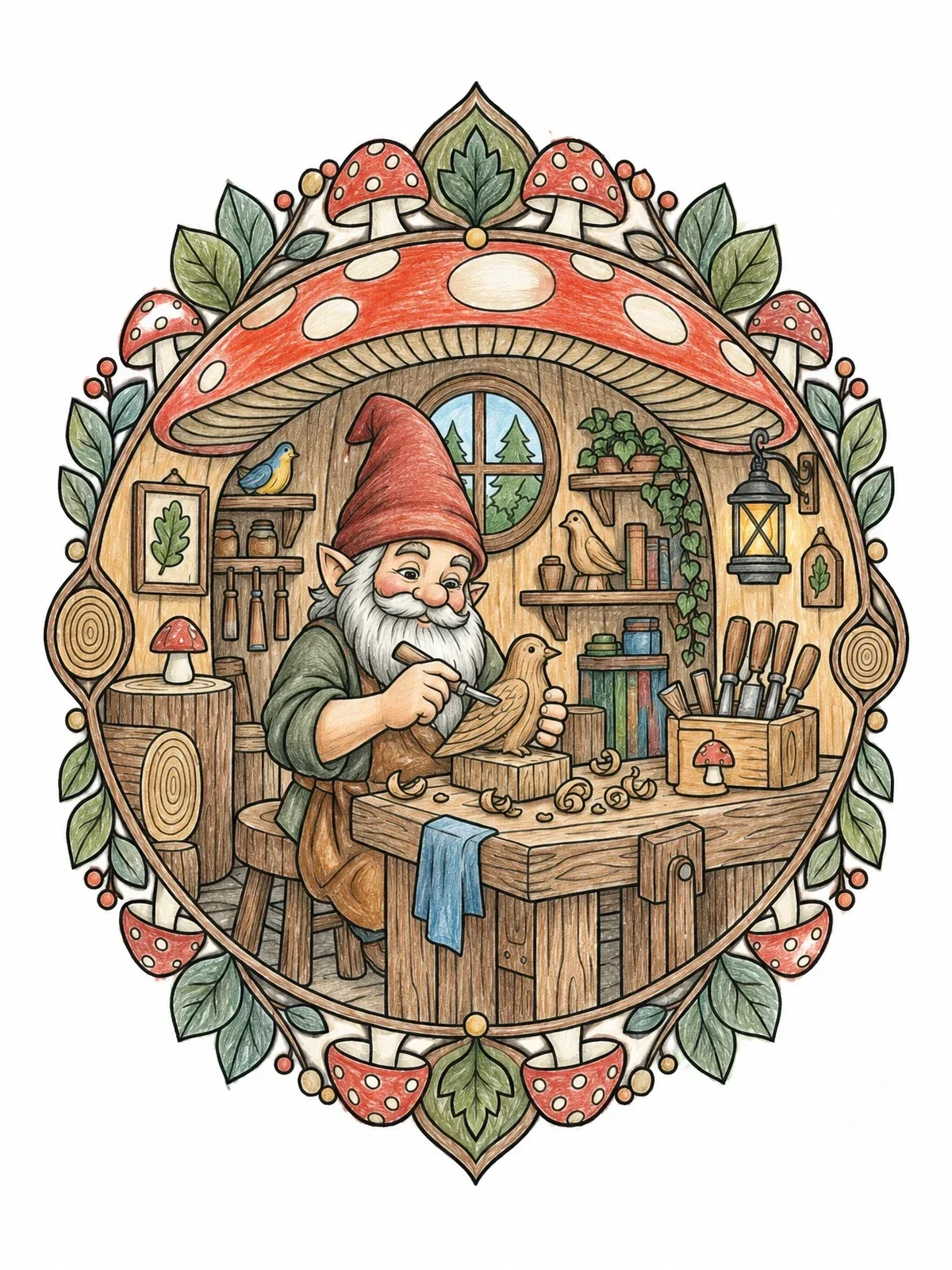 Colored example of the Gnome Woodcarver In Mushroom Workshop coloring page