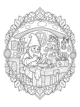 An intricate gnome coloring page showing a craftsman carving a wooden bird inside a mushroom house.