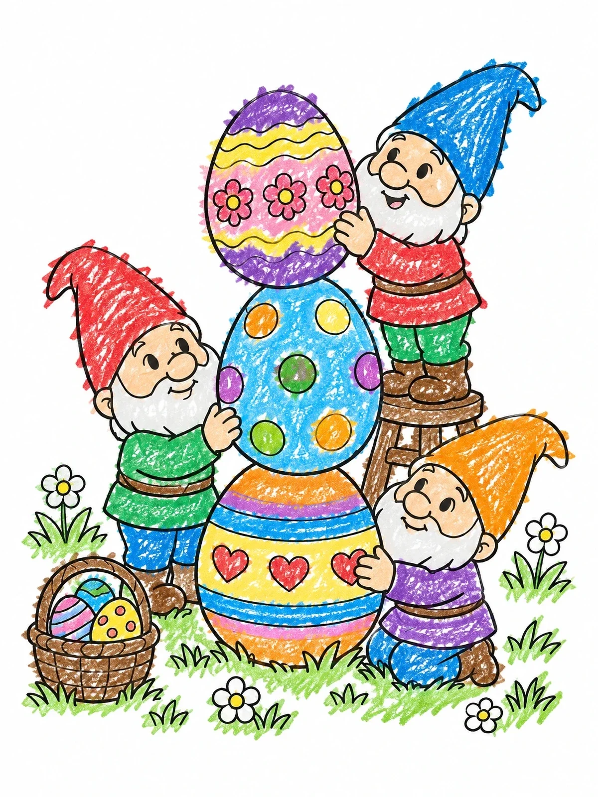 Colored example of the Cheerful Gnomes Stacking Easter Eggs coloring page