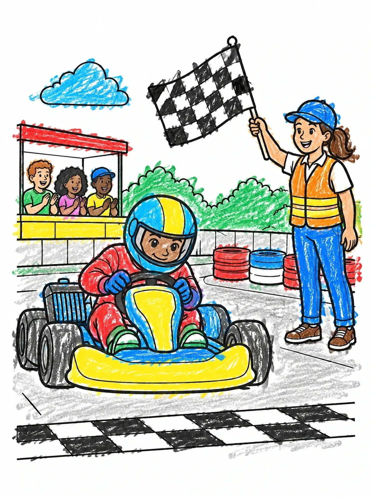 Colored example of the Go Kart Crossing Finish Line coloring page
