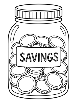 A goal setting coloring page showing a glass jar with a savings label filled with blank coins.