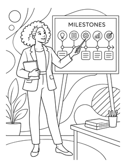 A woman presents a milestones chart in this goal setting coloring page.