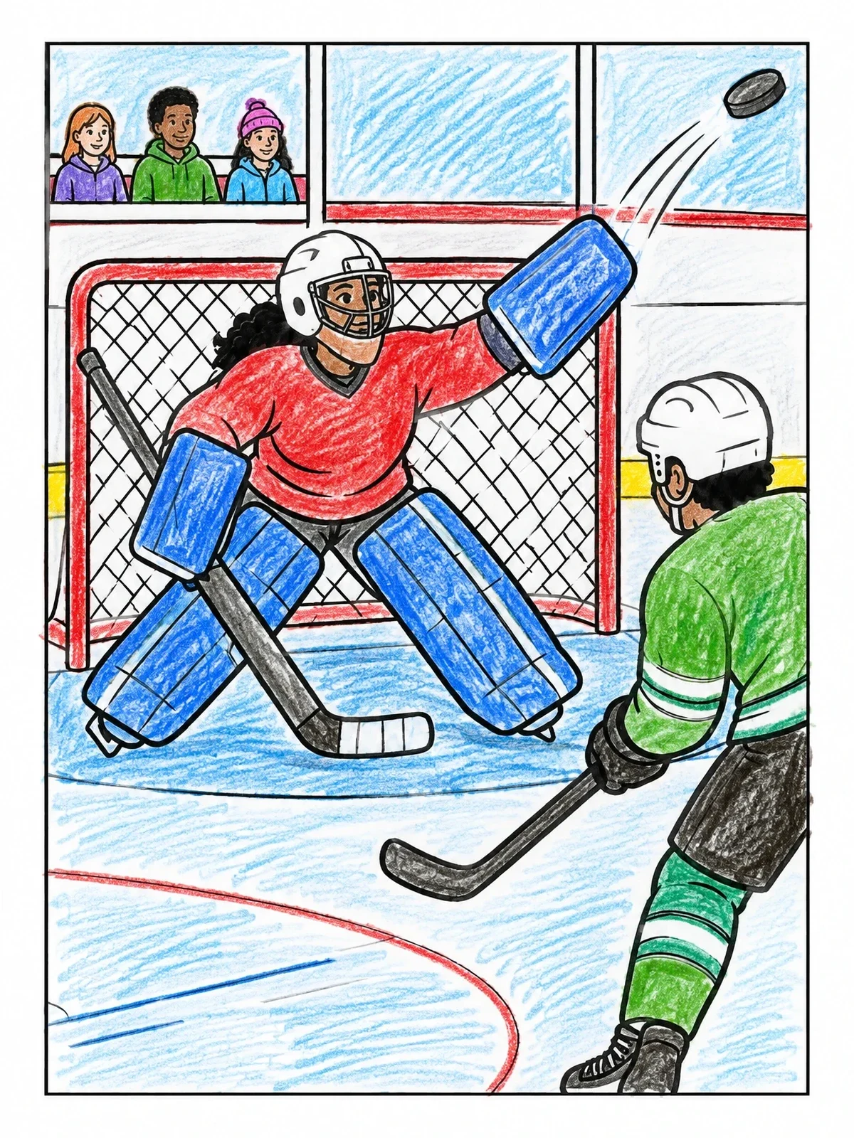 Colored example of the Goalie Making A Hockey Save coloring page