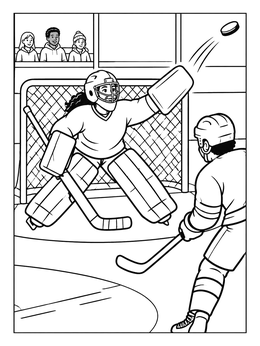 An exciting hockey coloring page featuring a goaltender blocking a flying puck in front of the net.