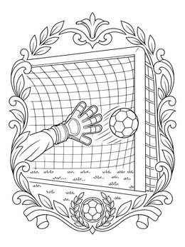 Detailed soccer ball coloring page showing a goalkeeper glove reaching for the ball near the goal.