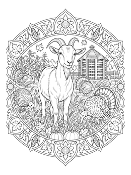 A detailed farm animals coloring page featuring a horned goat surrounded by turkeys, pumpkins, and a corn crib.