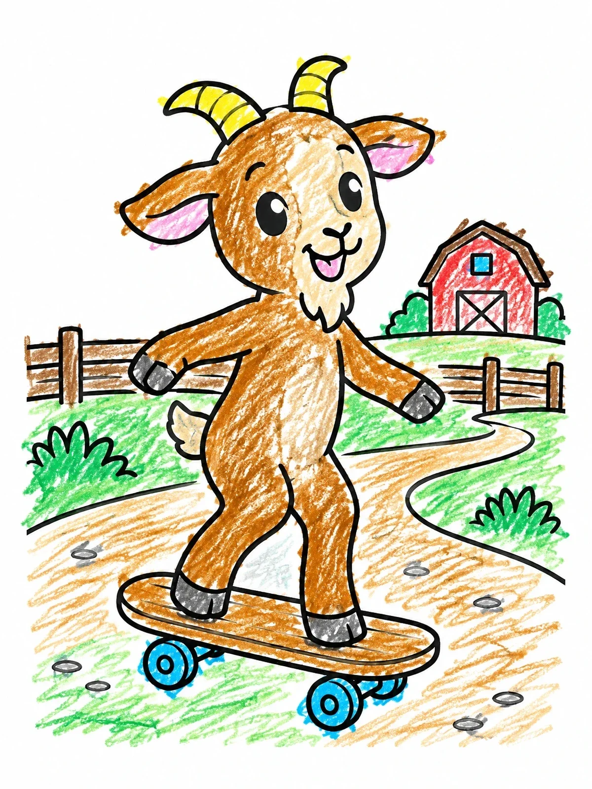Colored example of the Cheerful Goat Riding A Skateboard coloring page