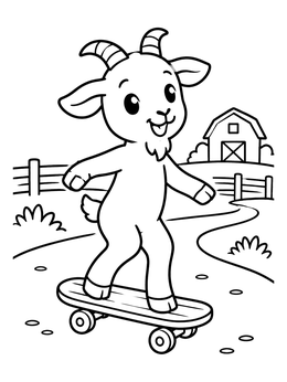 A cheerful goat skates near a barn in this farm animals coloring page.