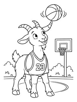 A cheerful basketball goat coloring page balancing a spinning ball on its horn.