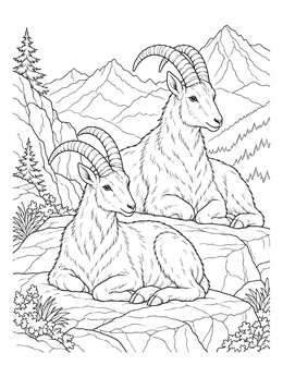 Two wild mountain ibex rest on rocks in this goat coloring page set against peaks.