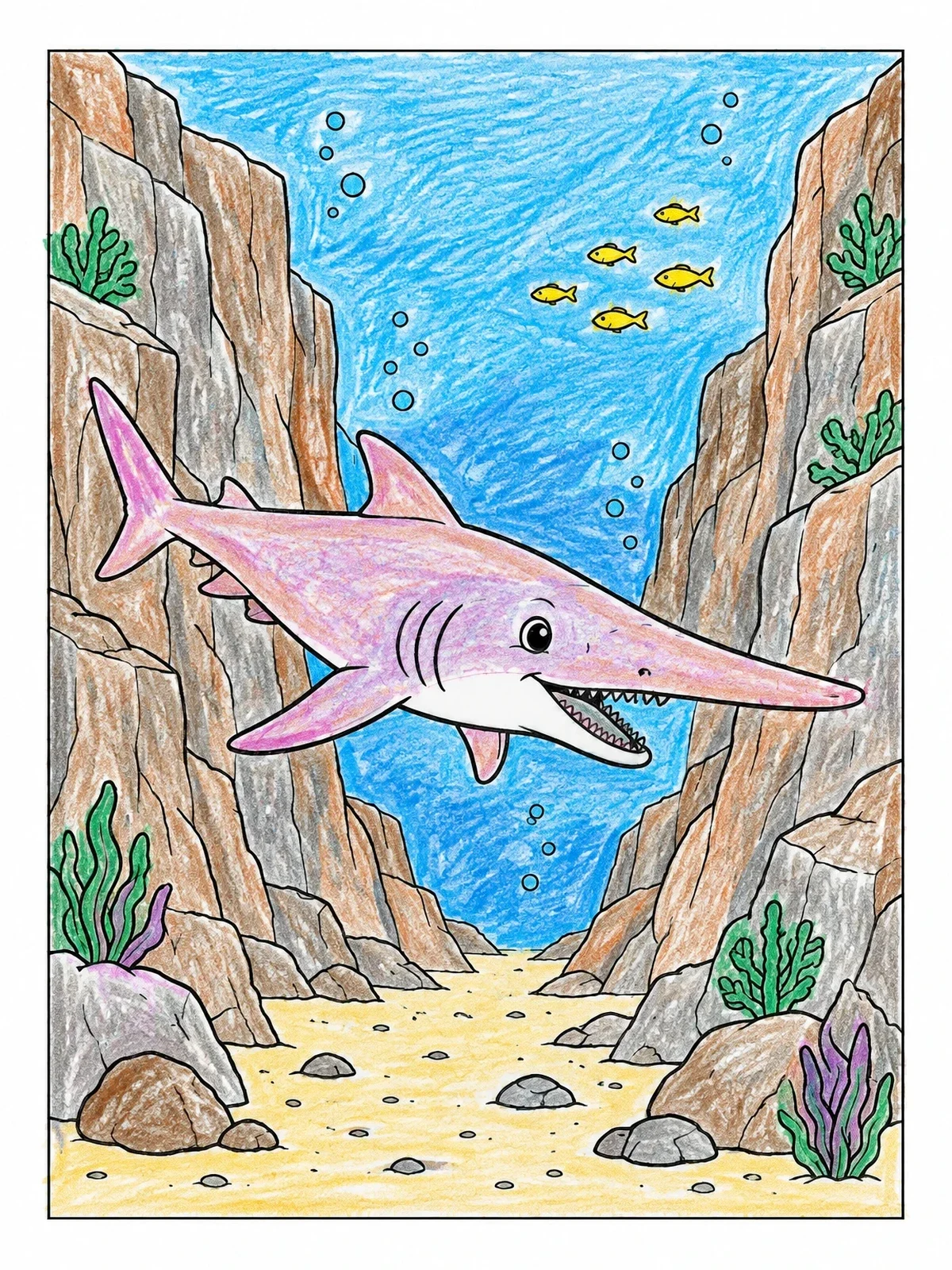 Colored example of the Goblin Shark In Deep Sea Canyon coloring page