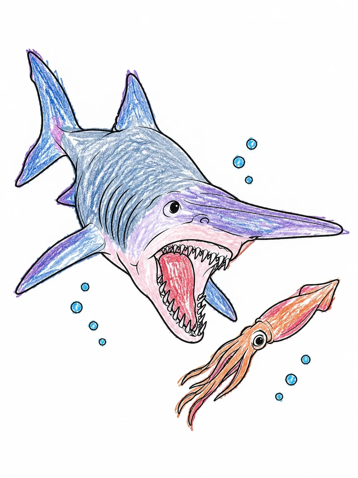 Colored example of the Goblin Shark Chasing A Squid coloring page