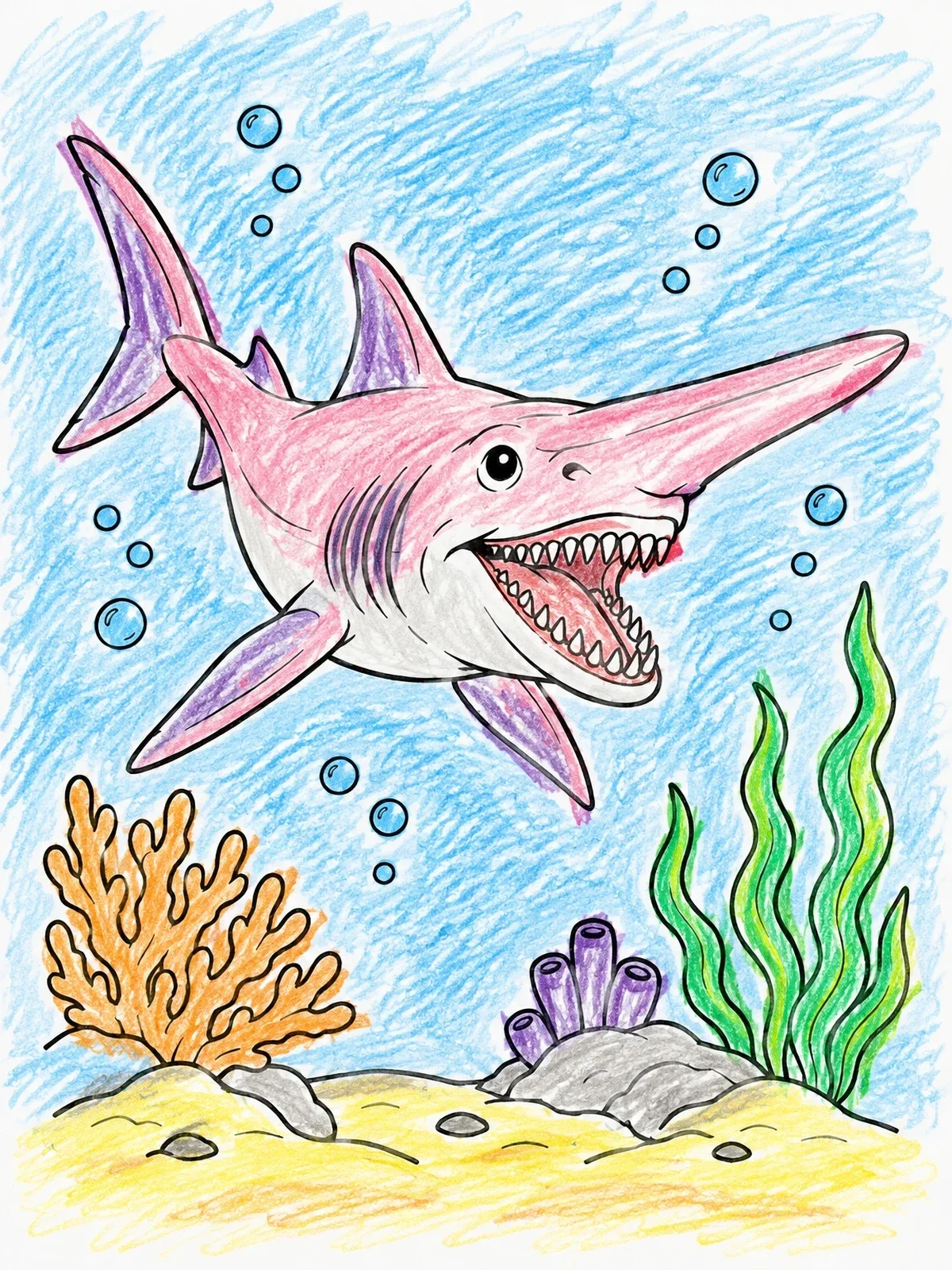 Colored example of the Goblin Shark Over Coral Reef coloring page