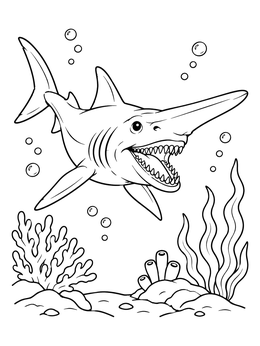 Free printable Goblin Shark Over Coral Reef coloring page
