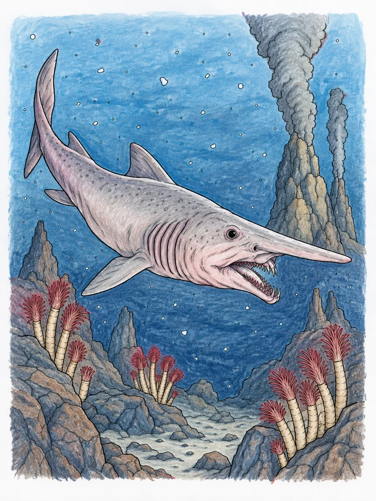 Colored example of the Goblin Shark Over Deep Ocean Vents coloring page
