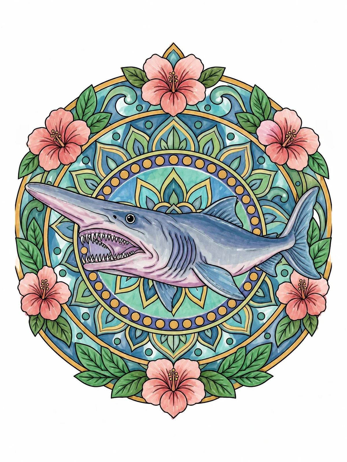 Colored example of the Goblin Shark In Floral Mandala coloring page