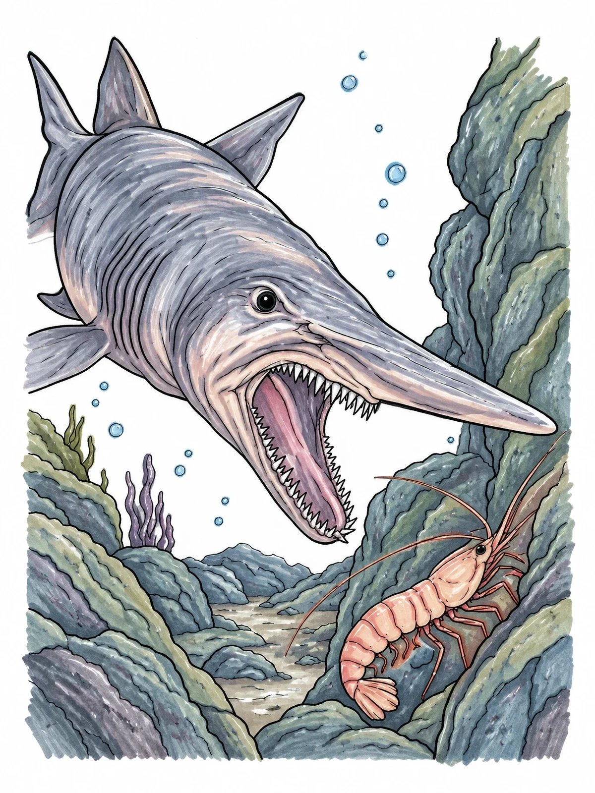 Colored example of the Goblin Shark Hunting Deep Sea Shrimp coloring page