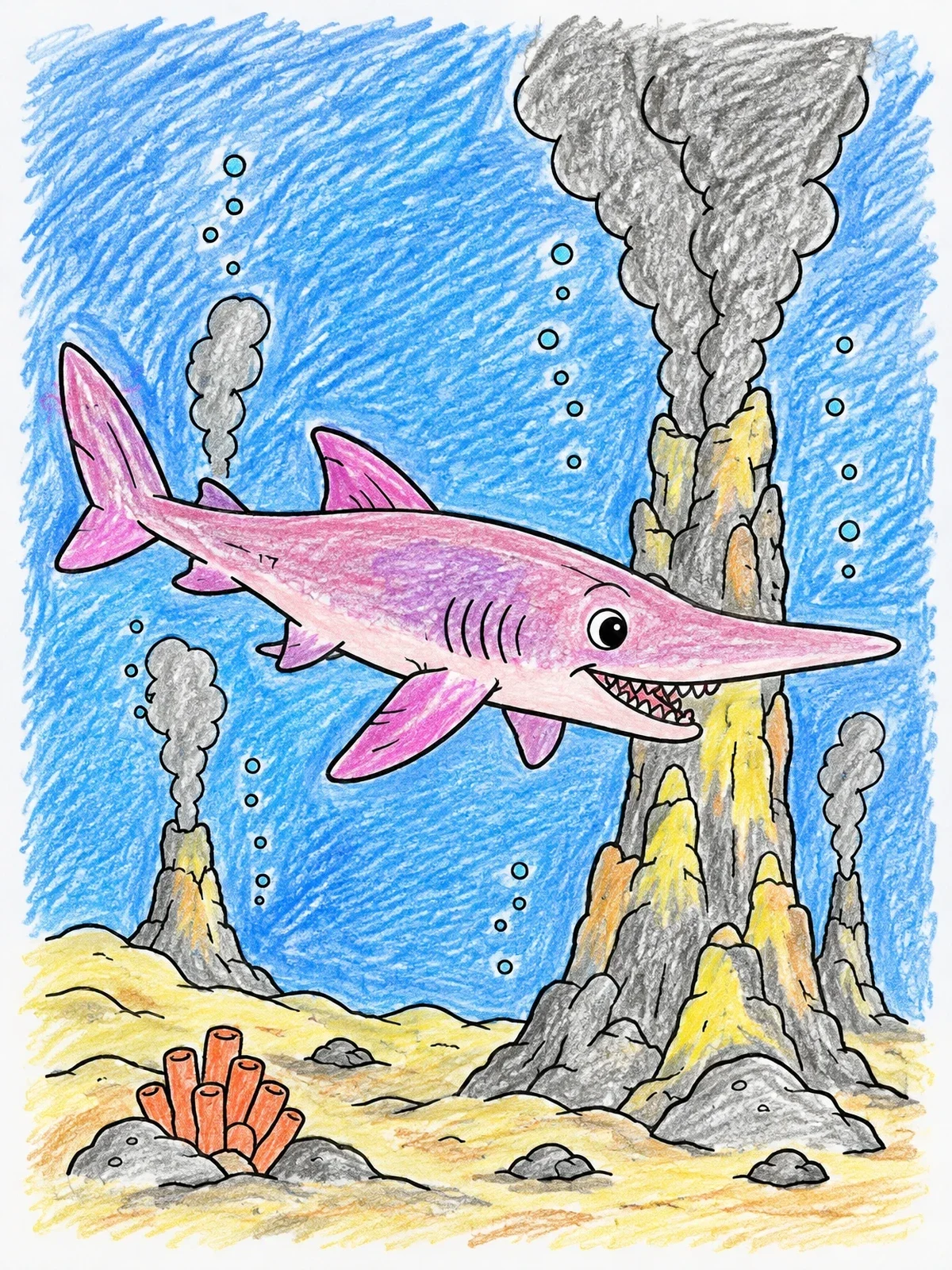 Colored example of the Goblin Shark By Hydrothermal Vents coloring page