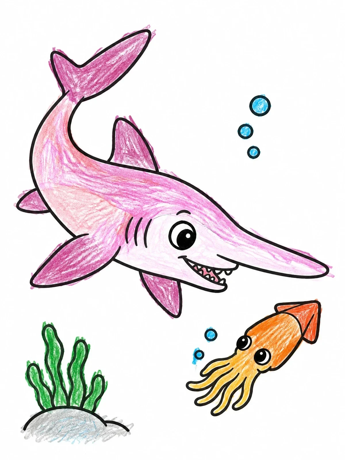 Colored example of the Goblin Shark And Little Squid coloring page
