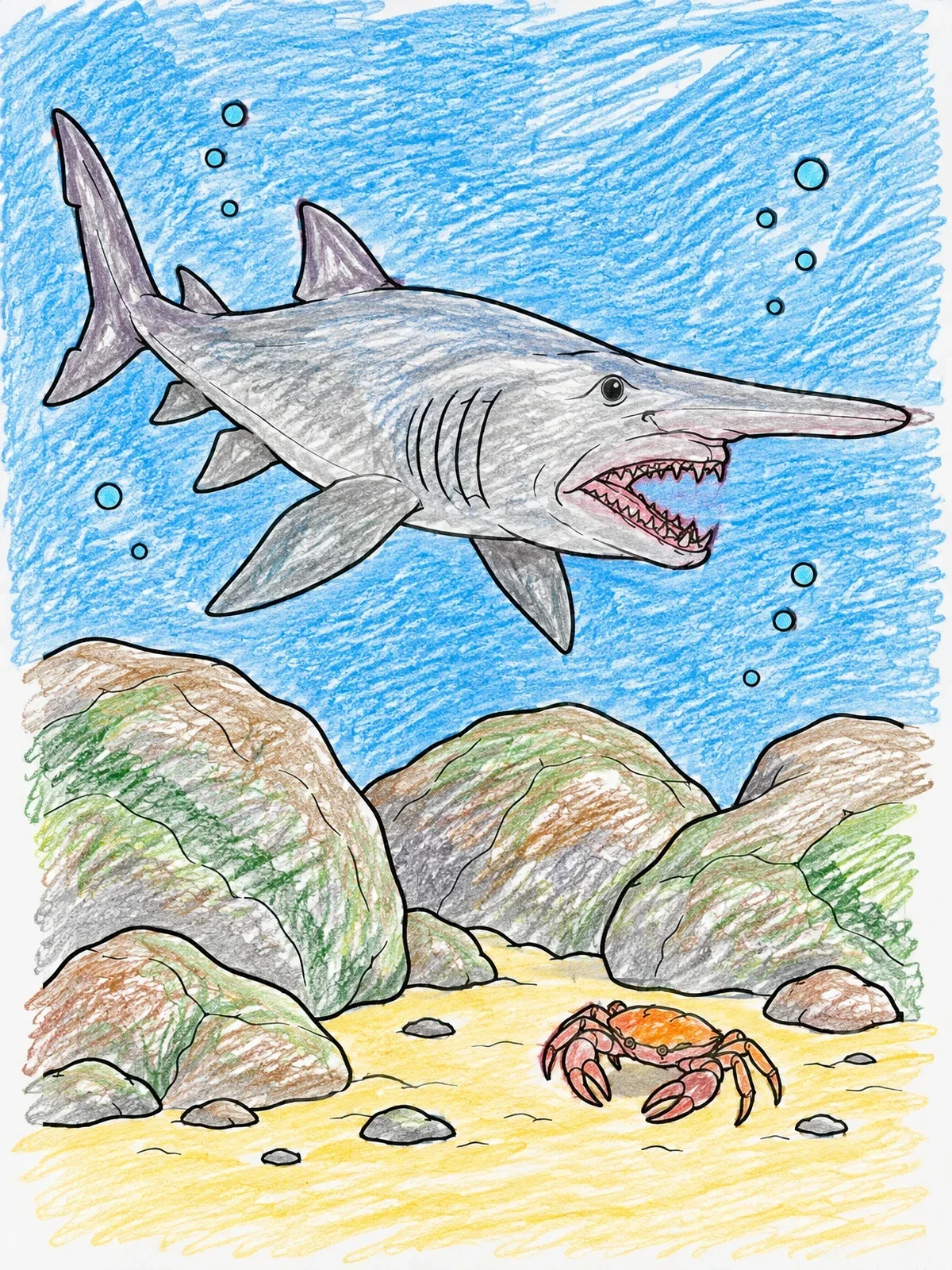 Colored example of the Goblin Shark Over Ocean Floor coloring page