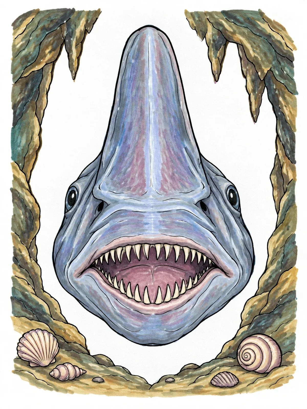Colored example of the Goblin Shark In Underwater Cave coloring page