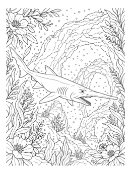 Free printable Goblin Shark Swimming By Underwater Caves coloring page