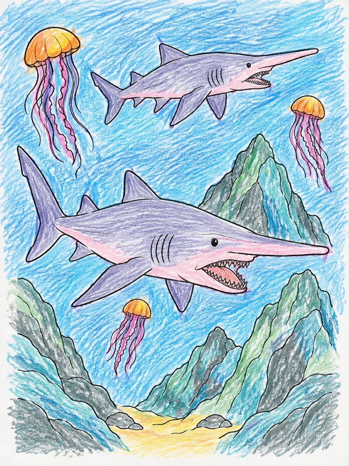 Colored example of the Goblin Sharks And Jellyfish Deep Sea coloring page