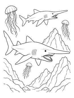 Free printable Goblin Sharks And Jellyfish Deep Sea coloring page