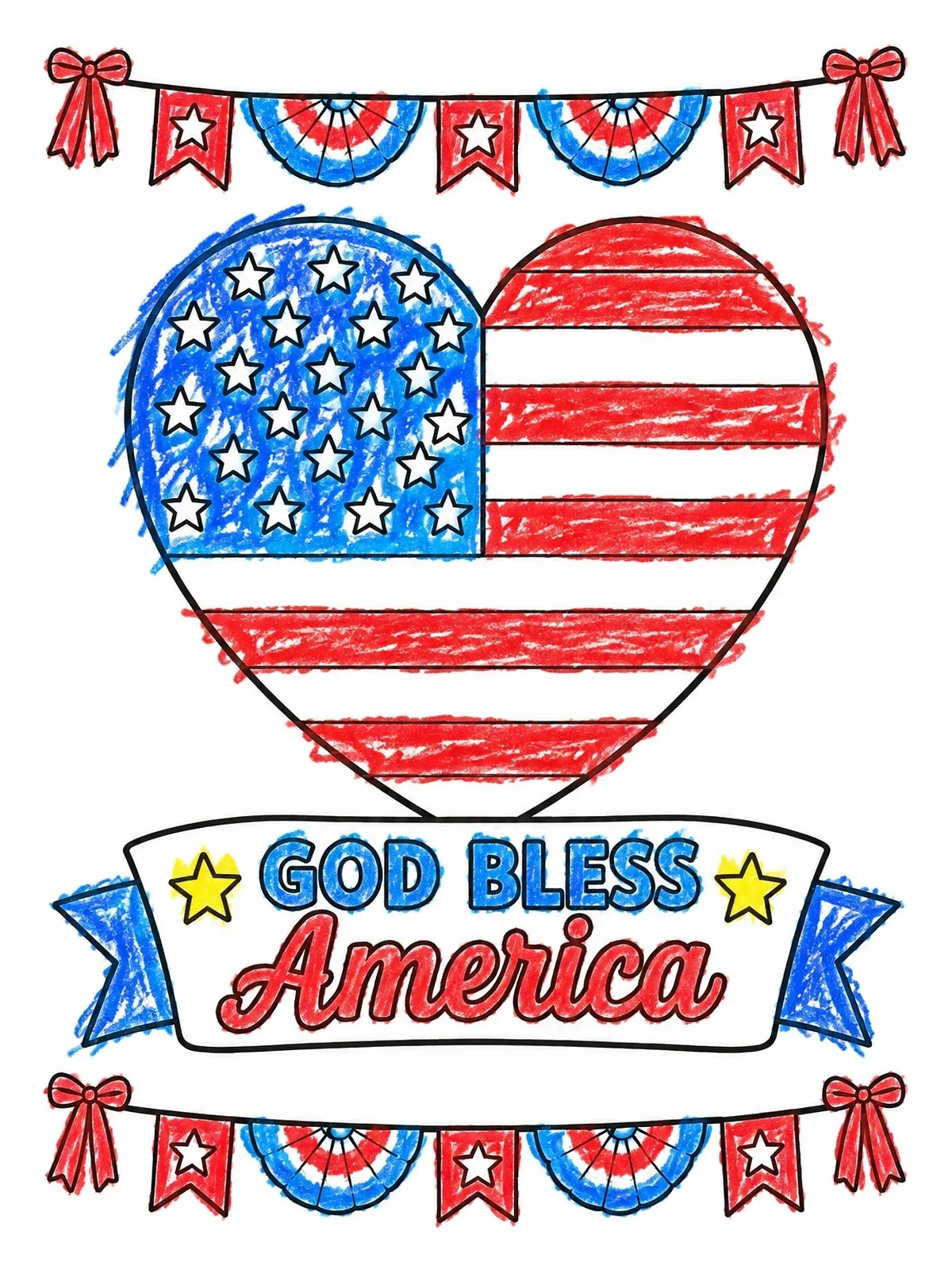 Colored example of the God Bless America Flag Heart coloring page