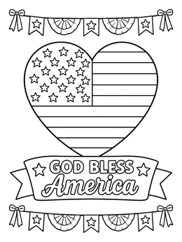 A patriotic flag day coloring page featuring an American flag heart and festive bunting.