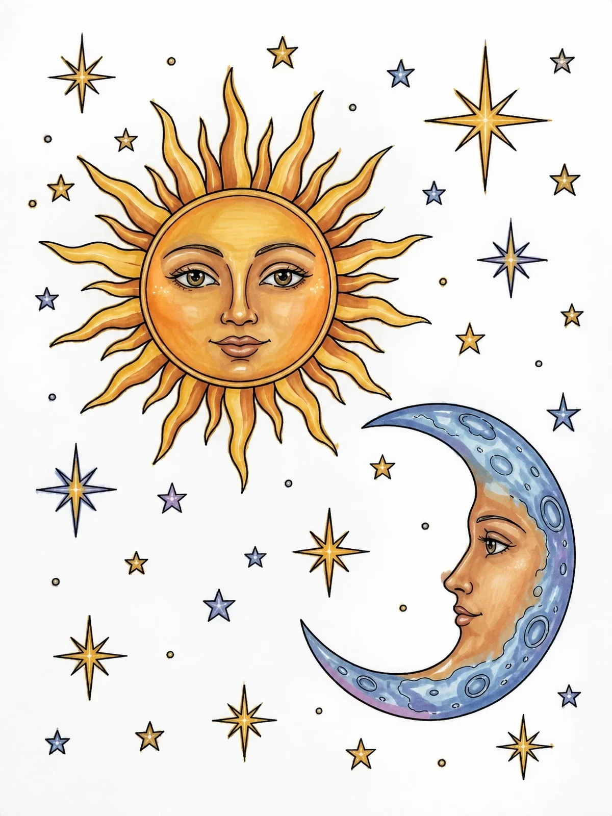 Colored example of the Celestial Sun And Crescent Moon coloring page
