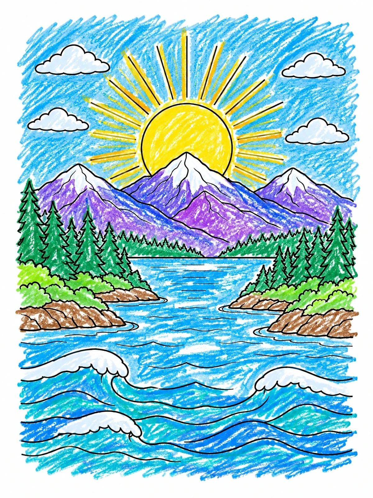 Colored example of the Creation Landscape With Rising Sun coloring page