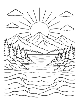 Free printable Creation Landscape With Rising Sun coloring page