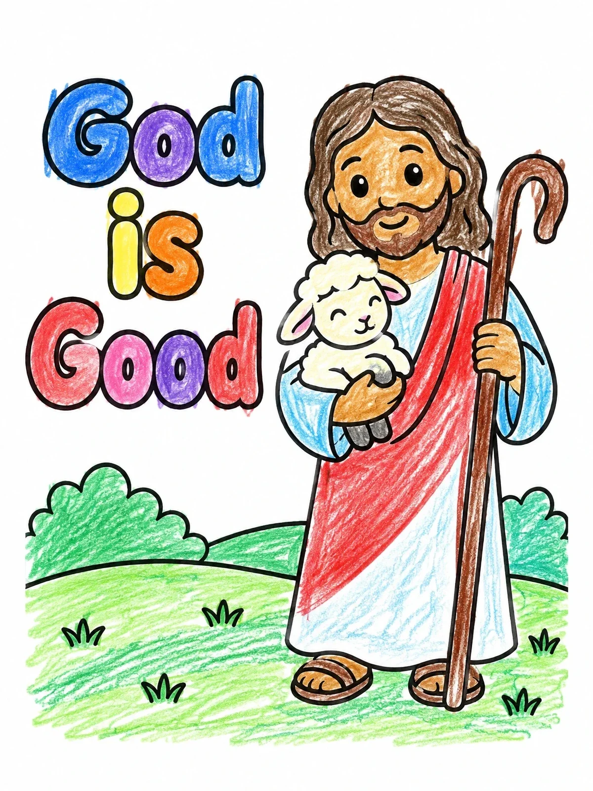 Colored example of the Gentle Shepherd Holding A Little Lamb coloring page