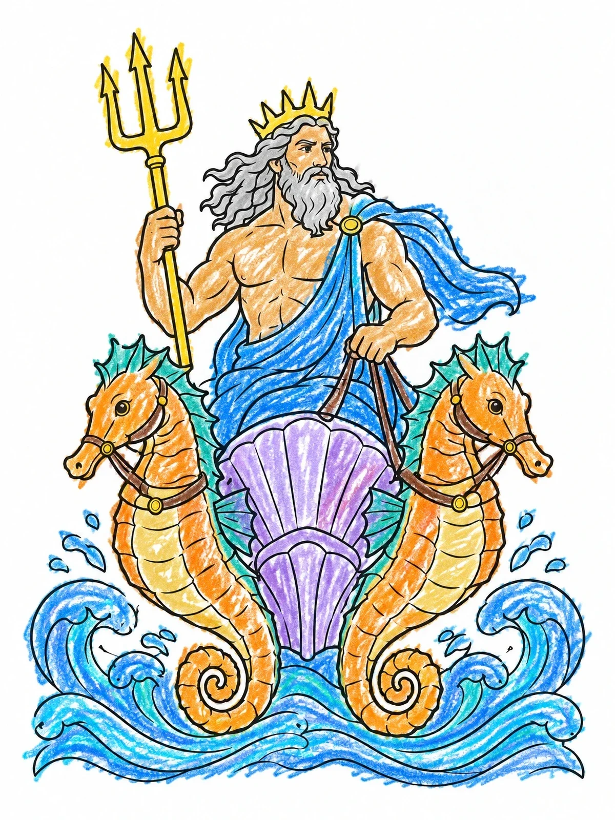 Colored example of the Poseidon In Seahorse Chariot coloring page