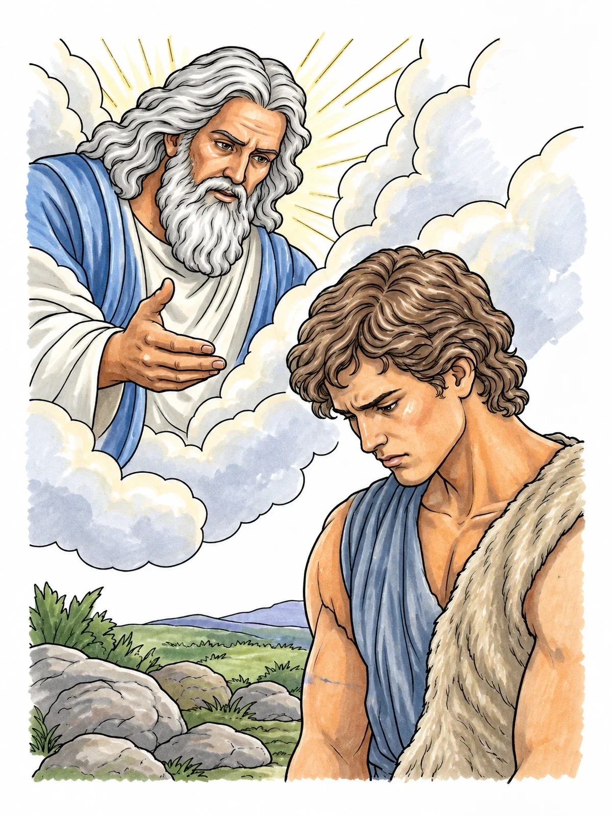Colored example of the God Speaking To Downcast Cain coloring page