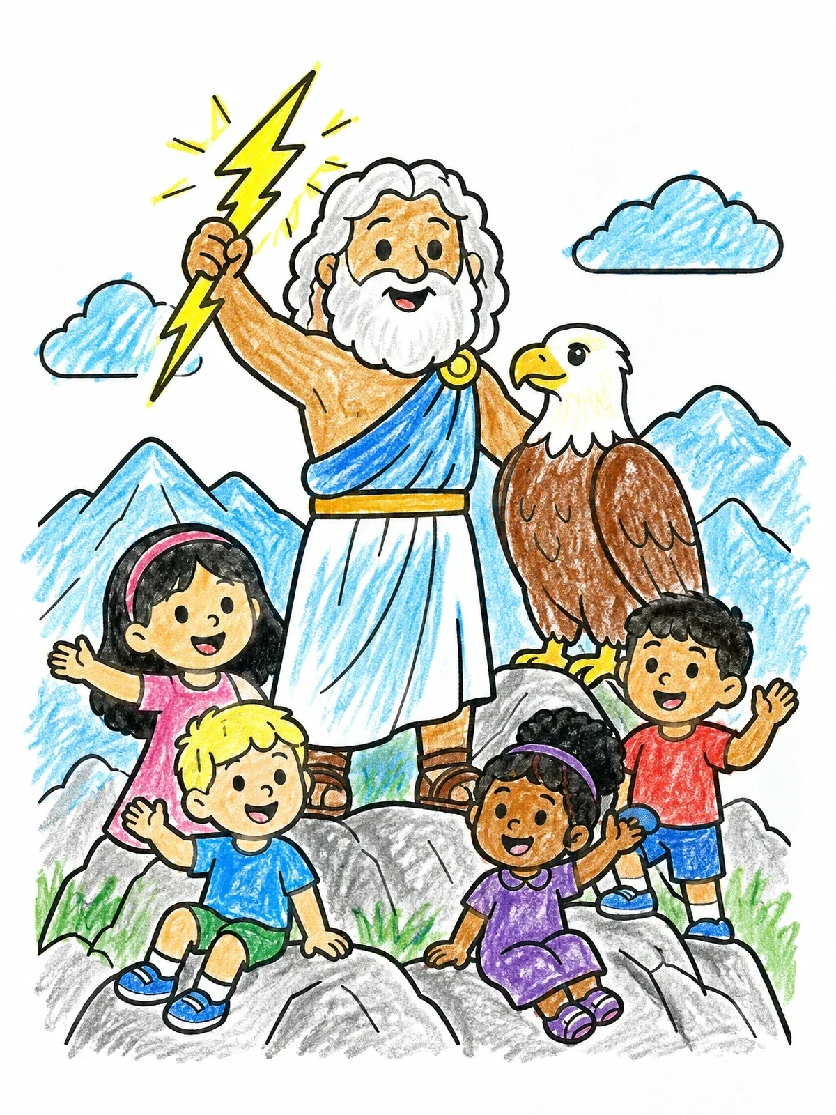Colored example of the Zeus With Eagle And Children coloring page