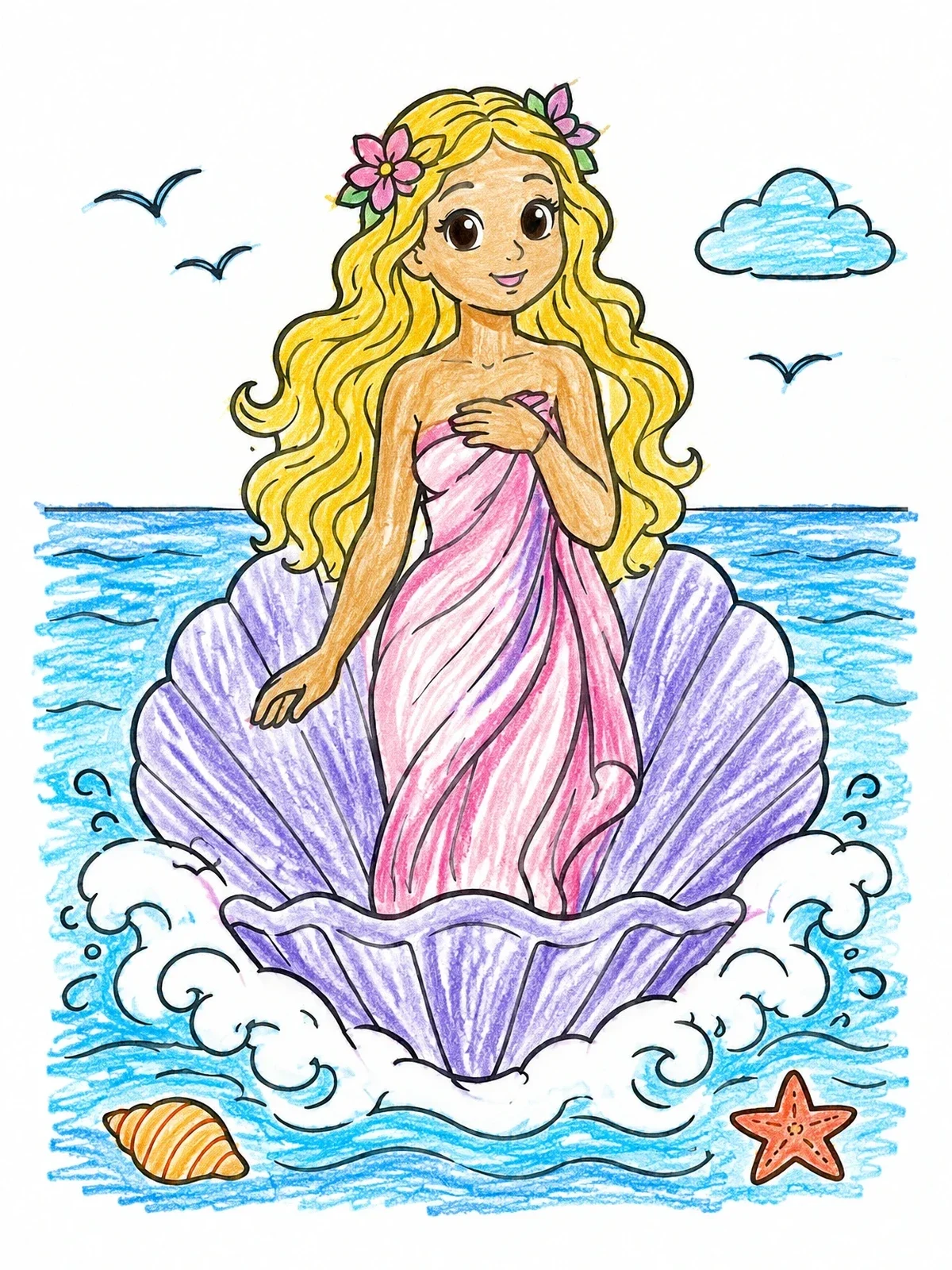 Colored example of the Aphrodite Emerging From A Seashell coloring page