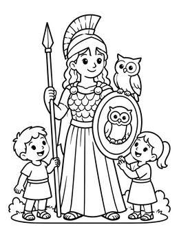 Free printable Goddess Athena With Friendly Children coloring page
