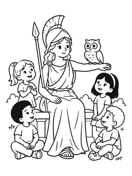 Free printable Goddess Athena With Owl And Children coloring page